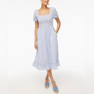 J Crew Midi Puff Sleeve White And Blue Striped Dress